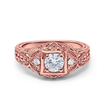 14K Rose Gold Round Antique Style Wedding Engagement Ring Simulated CZ Size-7